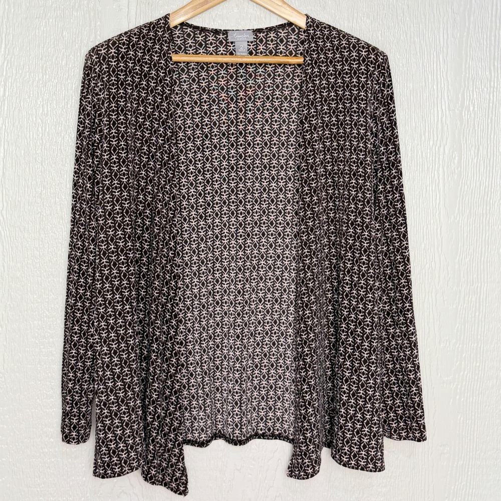 Chicos Travelers Brown Geometric Open Front Cardigan Jacket Size 2 Large